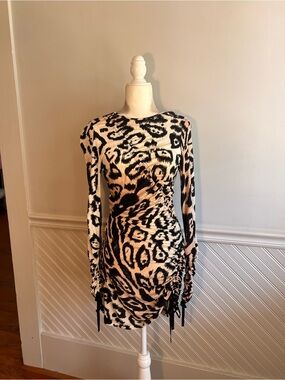 Alice McCall Black & Cream Animal Print Long-Sleeve Ruched Mini Dress